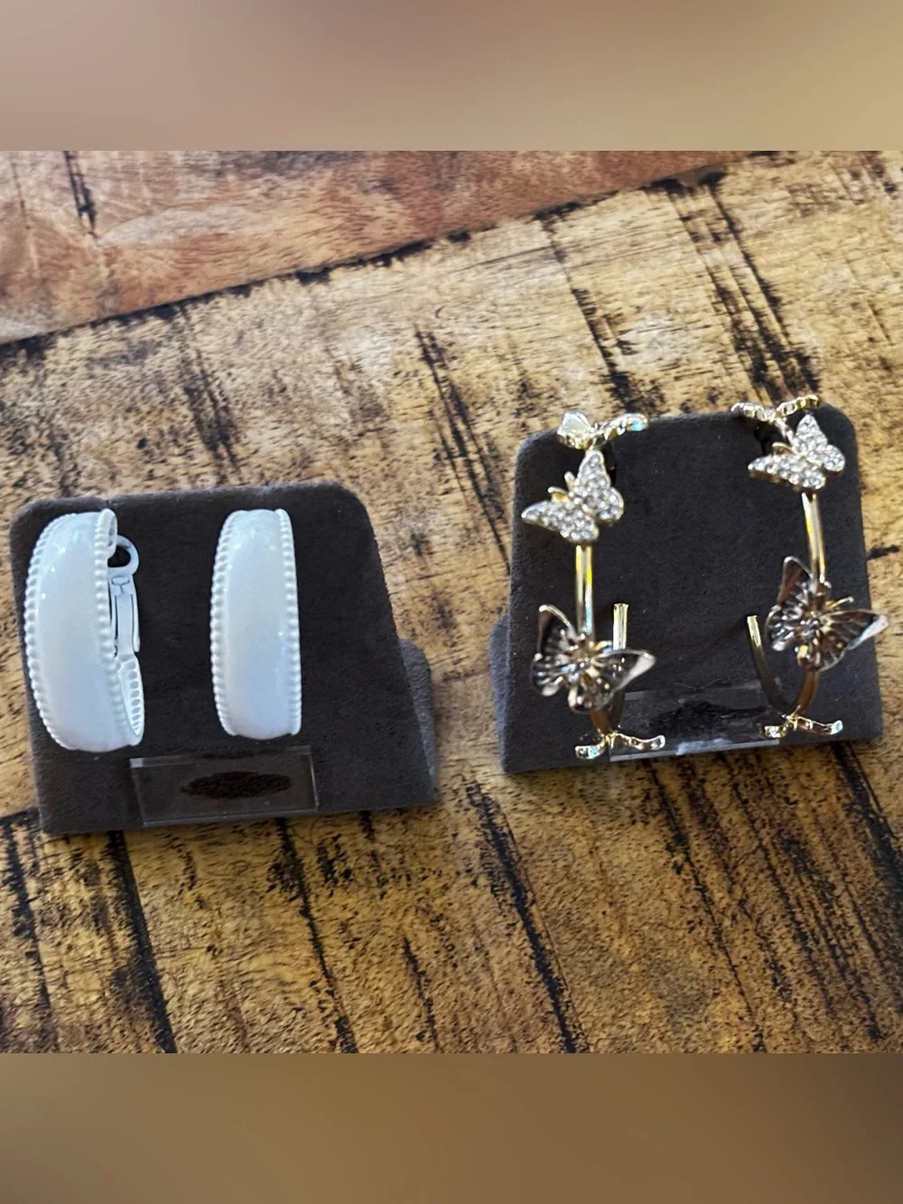 VTG 70s White Hoop & Crystal Gold Butterfly Earring Lot Good Quality